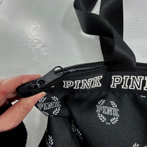 Victorias Secret Pink Spell Out Black Tote Zip Close Polyester Double Handles - Picture 6 of 9